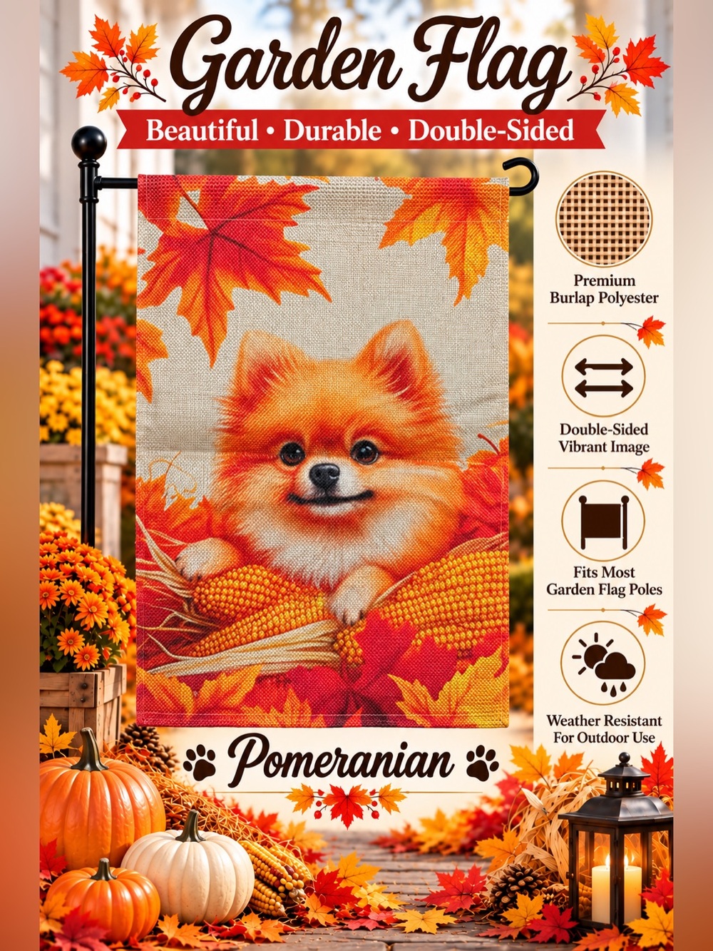 Garden flag, Autumn Pomeranian, Burlap polyester, double-sided, 12” x 18”
